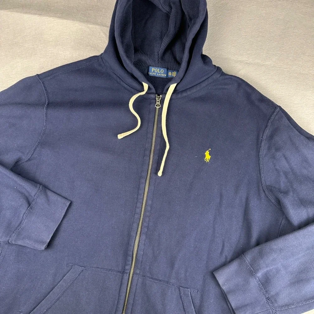 Polo Ralph Lauren Full Zip Fleece Hoodie Mens XXL Navy Blue Yellow Pony Logo